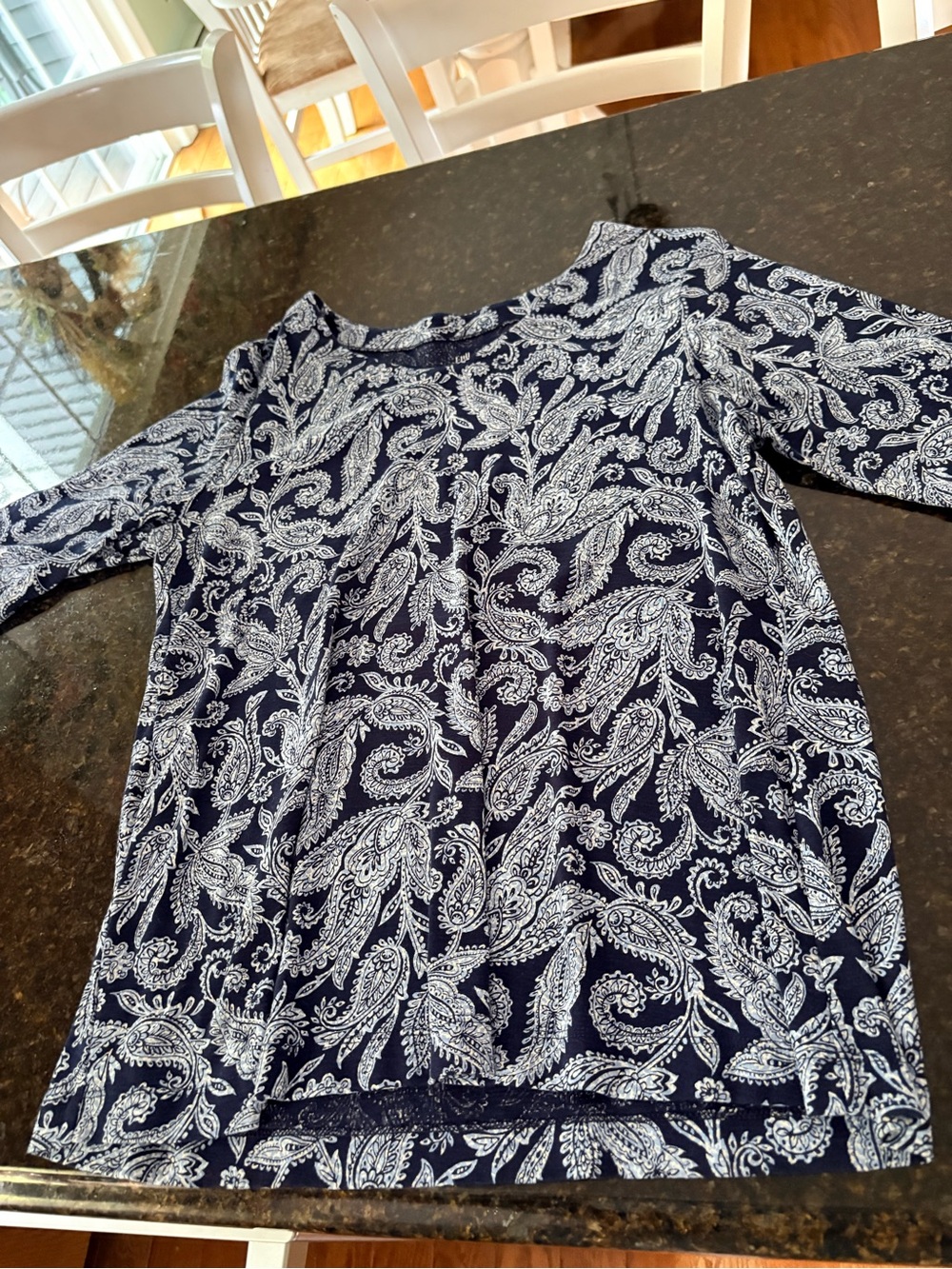 J. Jill Navy and White Paisley Scoop Neck Tunic Large Tall elbow length